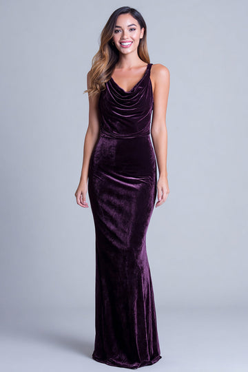 Robe formelle en velours à bretelles spaghetti prune